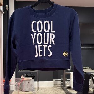Michael Kors Navy Blue 'Cool Your Jets' Cropped Sweatshirt with White Text